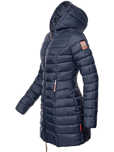 MARIKOO Damen Wintermantel warmer Steppmantel lang mit Kapuze und abnehmbarem Kunstfell-Kragen Rose Blau Gr. L