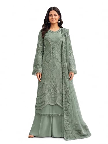 Image of RUDRAPRAYAG Women's Georgette Fabric Wih Embroidered Sequence Work And On Neck Moti Hand Work Semi Stitched Sharara Salwar Suit With Dupatta Set
