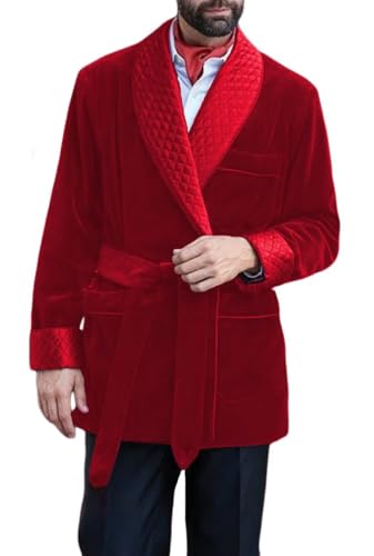 Men's Short Velvet Smoking Jacket Shawl Lapel Smoking Robe Wedding Dinner Party Blazer Coat with Belt HZH77