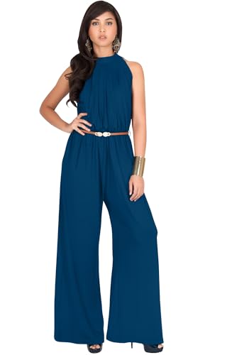 KOH KOH Plus Size Womens Sexy Sleeveless Halter-neck Wide Leg Pants Cocktail Overall Long Work Day Suit Pant Suits Pantsuit Playsuit Jumpsuit Jumpsuits Romper Rompers, Capri Blue XL 14-16