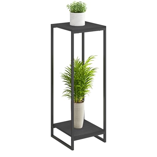 JEPRECO Soporte para plantas de interior de 34 pulgadas de alto, estante moderno de 2 niveles, organizador de macetas de esquina para sala de estar, balcón, patio, jardín (negro)