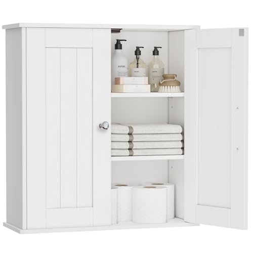 Miphlian Badezimmerschrank Wandmontage, Schrank über der Toilette mit verstellbaren Regalen, Medizinschrank mit 2 Türen, für Bad, Küche, Flur, Waschküche, Weiß