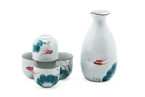 Fuji Merchandise Japanese Goldfish Pair Design Pottery Sake Set with 10 fl oz Tokkuri Bottle and Four 2 fl oz Ochoko Cups Gift Set Made in China