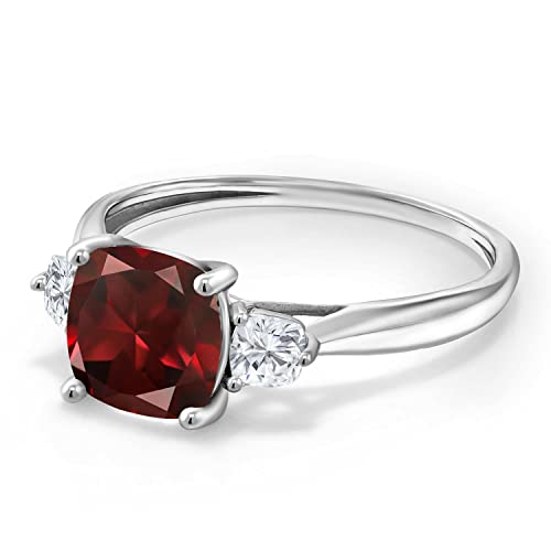 Gem Stone King 10K White Gold Red Garnet and White Moissanite 3 Stone Engagement Ring For Women (2.11 Cttw, Cushion 7MM, Gemstone January Birthstone)4