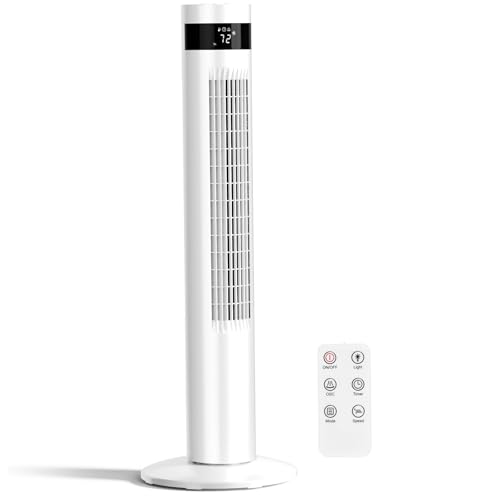 Antarctic Star Tower Fan Portable Electric Oscillating Fan Quiet Cooling Remote Control Standing Bladeless Floor Fans 3 Speeds Wind Modes Timer Bedroom Office (36 inch, White)