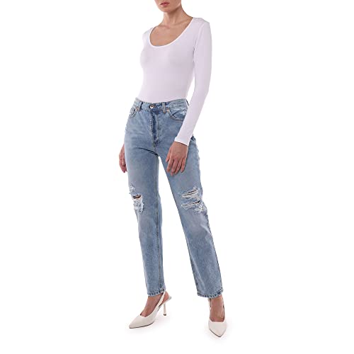 MAMAJEANS Taper Deluxe - Vaqueros de mujer cónicos, con rupturas efecto desgastado, ajuste Tapered de algodón orgánico - Made in Italy, Claro, 40 Cover