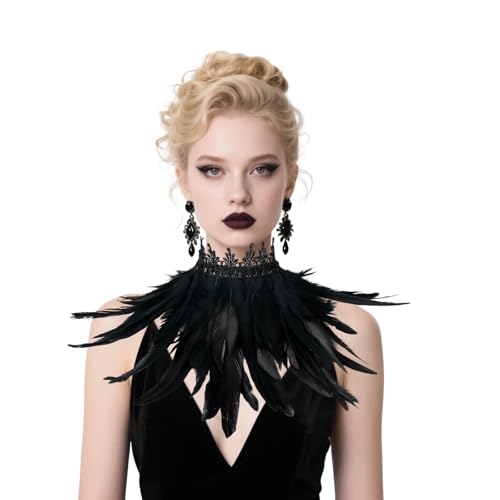 Halloween Gothic Feather Pashminas Black Crow Neck Feather Collar for Women Men Halloween Cosplay party Decorative Accessories