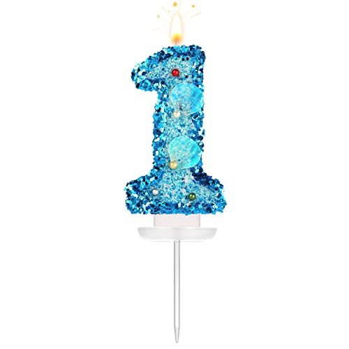 8cm Coquille Anniversaire Numéro Bougie, Paillettes Bougie Gâteau Topper Coquillage Paillettes Gâteau Chiffre pour Anniversaire De Mariage Anniversaire Sirène Fête à Thème (Bleu, 1) Cover