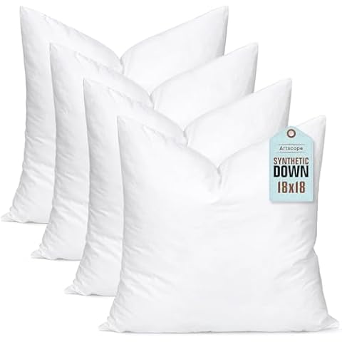 Artscope Synthetic Down Pillow Insert, 18x18 Down Alternative Throw Pillow Insert. Ultra Soft Fluffy Sleeping Pillow with 100% Cotton Cover, Decorative Pillows Set of 4-White. Cover