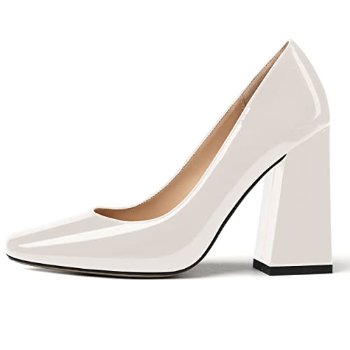 MERRORI Women's Patent Block Square Toe Solid Slip On Chunky High Heel Pumps Shoes 4 Inch2