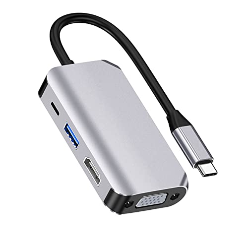 USB C Hub Multiport Adapter,4 in 1 Dongle,USB C to HDMI VGA USB3.0 PD Fast Charging,4K@30Hz HDMI,1080P@60Hz VGA,Compatible for MacBook,iPad Pro,XPS,Chromebook and Other Type C Devices (Gray)