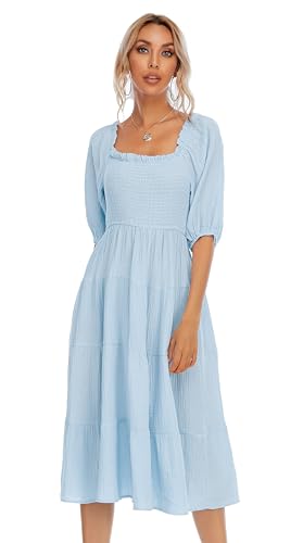 Image of R.Vivimos Women's Summer Cotton Lantern Sleeves Ruffled Off Shoulder A-Line Midi Dresses