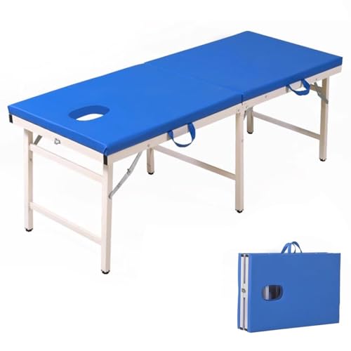aoiuaoeniu Camilla de Masaje Fija con Estructura de Acero y Cojín - Mesa de Masaje Plegable pour Polipiel - Orificio Facial - 2 Cuerpos - Color Azul - 180/185CM