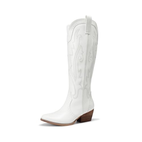 DREAM PAIRS BOTAS ALTAS DE VAQUERA PARA MUJER CÓMODAS CON CREMALLERA LATERAL Y TACÓN GRUESO BORDADAS ESTILO OESTE BOTAS RETRO,Size 41.5,Blanco,DWUMKB2501