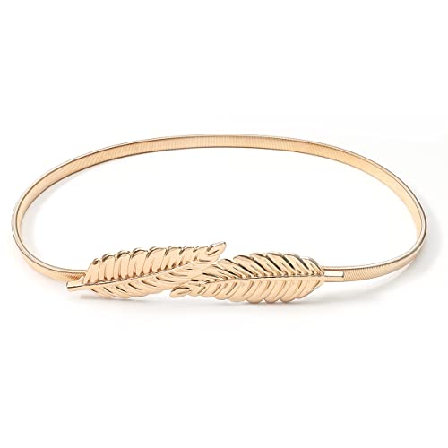 Liitata Cinturón Fino de Metal para Mujer, Elástico con Hebilla, Cintura Ajustable para Vestir, Suéter, Abrigo, Hojas Oro, Dorado