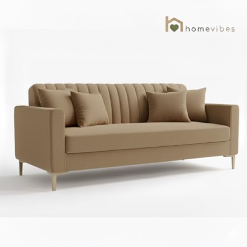 Image of 3 Seater Velum Fabric Sofa Set for Living Room, Modern Design with High Density Foam, Solid Wood Frame, Ergonomic Comfortable Seating for Home & Office (Light Brown, 3 Seater) | Soft foam comfort, Strong wood frame