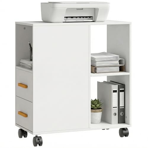 HOMCOM Druckerständer Druckertisch mit Verstellbar Ablage, Rollen, Schreibtisch Organizer für Drucker Druckerwagen für Fax Scanner Büro Office 60 x 30 x 65 cm Weiß