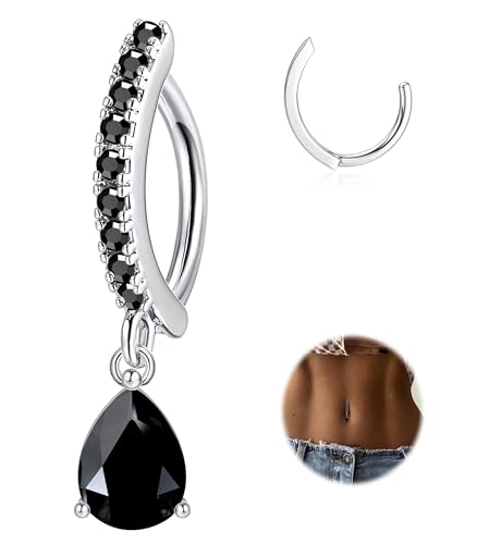 FIBO STEEL 14G Clicker Belly Rings 316L Surgical Steel Dangle Belly Button Ring CZ Teardrop Pendant Navel Rings Barbell Body Piercing Jewelry Black2