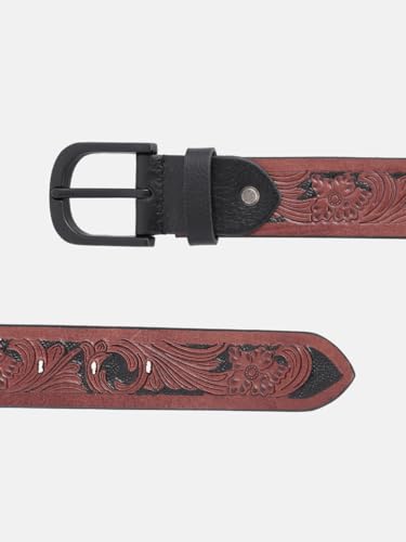 Image of Celtic Genuine Leather Belt for Men | Floral Tooled Casual Belt with Matte Metal Pin Buckle | Adjustable Fit for Office Travel Weekend Everyday Wear | Gifts for Men | Brown Black (38)