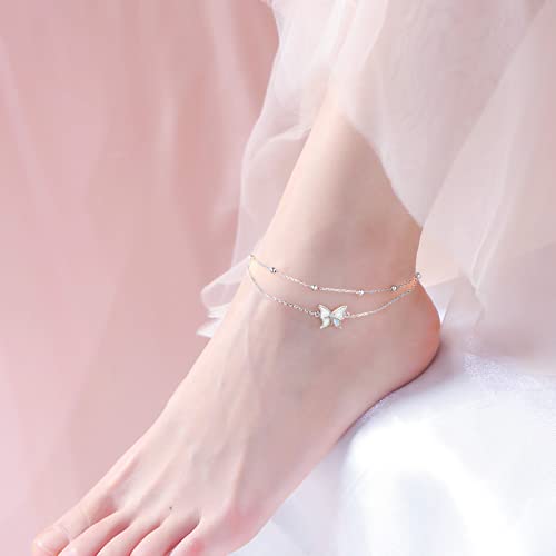 Image of Flyow Anklet for Women S925 Sterling Silver Adjustable Foot Beaded Heart Charm Ankle Bracelet Anklets Jewelry