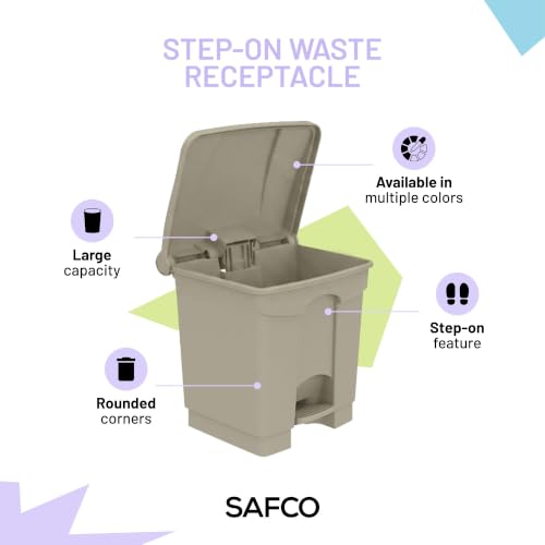 Image of Safco Step-On Indoor Plastic Trash Can, Hands-Free Disposal, 8 Gallon, Tan