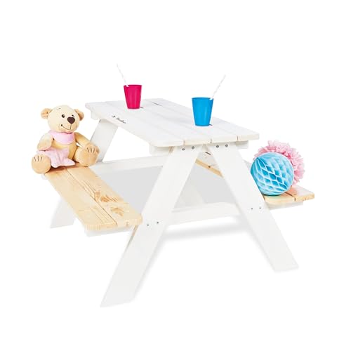 Ensemble de table et bancs pour 4 enfants Pinolino Nicki en bois de conifères massif blanc