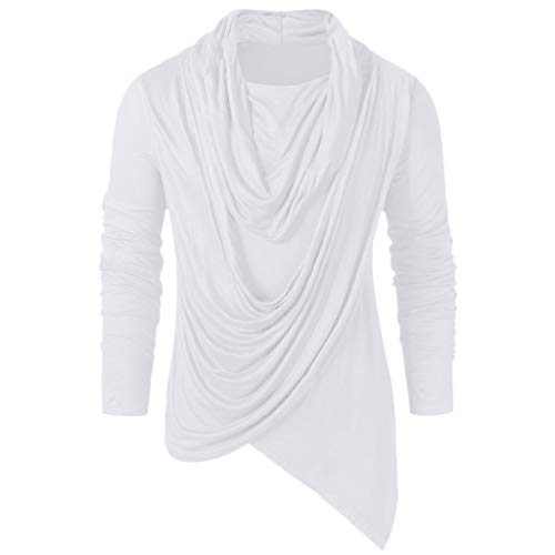 Fashion T-Shirts for Men Vintage Long Sleeve Solid Solor Loose Medieval Asymmetric Hem Pile Heap Collar Retro Tops White