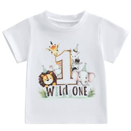 Infant Baby Boys Girls First Birthday Outfit 1st Birthday T-Shirt Wild One Safari Zoo Jungle Animals Shirt (White Brown, 12-18 Months)