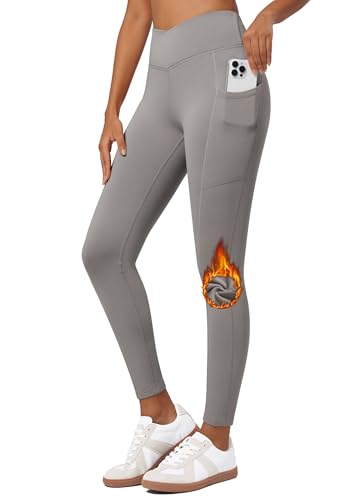 Willit Women's Fleece Lined Leggings Thermal Winter Pants Warm Yoga Running Tights High Waisted with Pockets V-Cross Light Gray XL