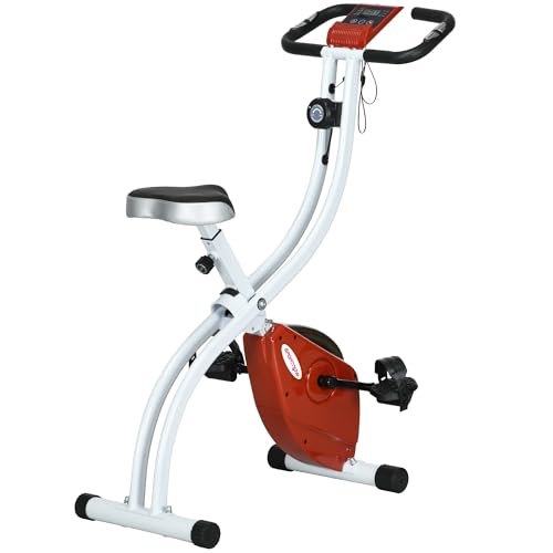 SPORTNOW Bicicleta Estática Magnética Plegable de 8 Niveles con Monitor LCD, Bicicleta Estática para Casa con Asiento Ajustable, Soporte para Tablet, Ruedas, Sensor de Pulso, Acero, Rojo