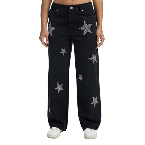 Rhinestone Jeans Men Black Y2K Star Bedazzled Denim Pants Streetwear Wide Leg Bling Bottoms Glitter Vintage Embellished Hip Hop, Black, Small