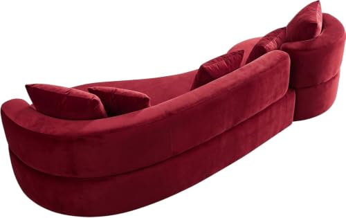 Image of Modern Curved White Sofa Couch with Plush Pillows - 4 Seater Upholstered Living Room Sofa | Contemporary Minimalist Design for Home, Office & Lounge. (Maroon L1)