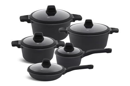 Edenberg Juego de 10 cacerolas con sartén, tapa de cristal, ollas y sartenes revestidas, juego de tapones de inducción, utensilios de cocina de inducción EB-5649 HIT