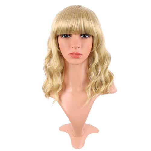 Image of MapofBeauty 14 Inch /35 cm Short Wavy Curly Women Fresh Bright Synthetic Ordinary Flat Bangs Bob Wig (Mixed Golden)