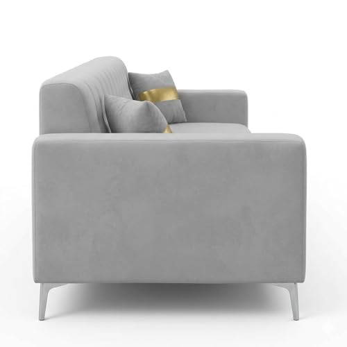 Image of FURNY Regan 4 Seater L Shape Sofa Set with Movable Ottoman | Flexible Left or Right Layout | Plush Velvet Fabric (Light Grey) | Perfect for Living Room, Guest Room & Office