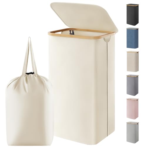 Lifewit 100L Laundry Basket with Lid, Clothes Hampers for Laundry with Bamboo Handles and 1 Removable Bag, Large Foldable Laundry Hamper for Bedroom, Bathroom, Dorm, Laundry Room, White