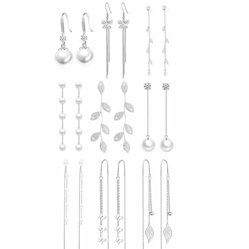 Pearl Earrings for Women 9 Pairs Silver Long Tassel Dangle Earrings Sparkling Crystal Leaf Pearl Drop Earrings Butterfly Chain Wedding Bridal Earrings Bridesmaid Prom Graduation Jewelry Set