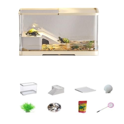 tangcheng 亀の飼育ケース 水槽 爬虫類 亀ケージ 亀の楽園 脱出防止 360°観察 排水孔 透気 両生飼育箱 カメ生息地 耐久性 初心者セット 蓋付き 収納機能 水交換超簡単 餌やりが便利 魚用ボックスも可能 (ベージュ,B(30.6*19.6*