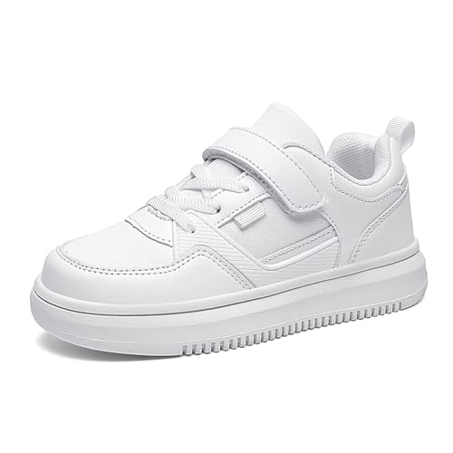 Unisex-Child Kids White Leather Lightweight Shoes School Breathable Athletic Running Sneakers Tennis Shoes for Boys and Girls