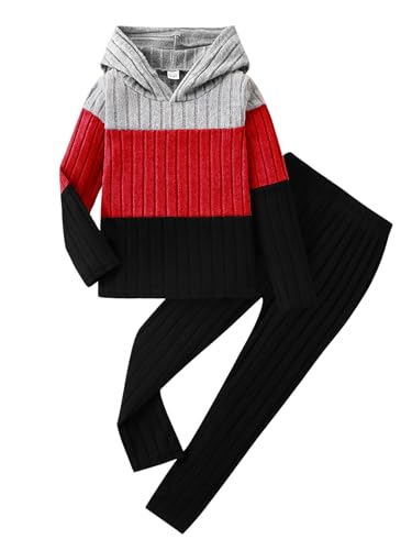 Image of Toddler Kid Girls Clothes Ribbed Color Block Long Sleeve Hoodie Sweatsuit Set Fall Outfits
