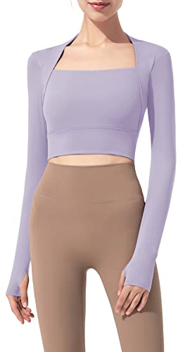 Women's Stretch Cutout Yoga Sports Jacket Long Sleeve Crop Top T Shirts with Thumb Holes Purple