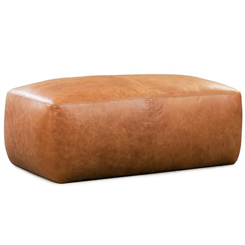 Image of POLY & BARK Denver Ottoman - 43 inch Large Pouf with Feather-Down Topper - Full-Grain Leather Upholstered Pouf Ottoman for Living Room - Vintage Italian Leather in Cognac Tan