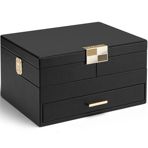 Vlandoジュエリーボックス 大容量 三層式 引き出しトレー付き 回転可能 ネックレス リング イアリング ブレスレット用 ジュエリーオーガナイザー アクセサリー収納 プレゼント 誕生日 女性用(ブラック)