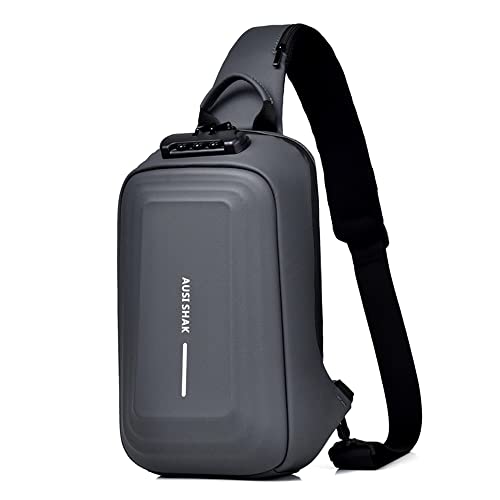 Image of Leather Crossbody Shoulder Bag - Chest Bag Sling Bag for Men with Lock Waterproof Anti-Theft Chest Bag with USB Charging Port Shoulder Bag.