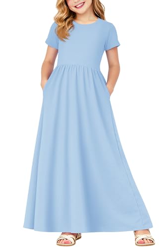 Image of Deerose Girls Maxi Dress Short Sleeve Casual Long Dresses with Pockets 5-14 Years