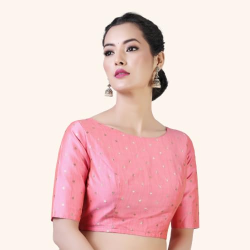 Image of Studio Shringaar Women Cotton Silk Silky Brocade Readymade Elbow Length Sleeves Saree Blouse Choli