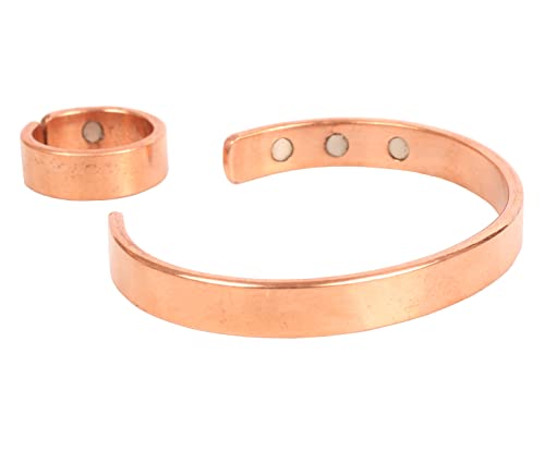 Touchstone Handcrafted Copper Magnetic Hand Forged with Solid and High Gauge Tibetan Style Minimalistic Elegance Copper Bracelet and Matching Ring.