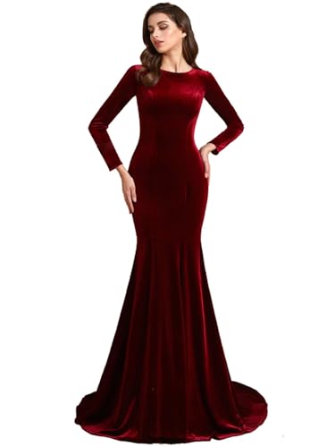 Jewel Neck Velvet Long Sleeves Evening Prom Dresses Mermaid Court Train Party Gowns Formal Zipper Back pp124