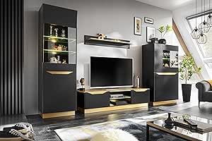 Wohnwand Wohnzimmerset Wohnzimmer Wand Regal TV Wand Glas Vitrinenschrank Lowboard Wandregal (Fame - Schwarz/Gold)