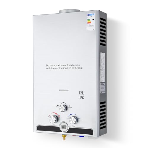 CO-Z Gas Water Heater 12L 20.4kW LPG Tankless with Winter & Summer Modes Stainless Steel LED Display for Outdoor Camping Trip [Energy Class A]